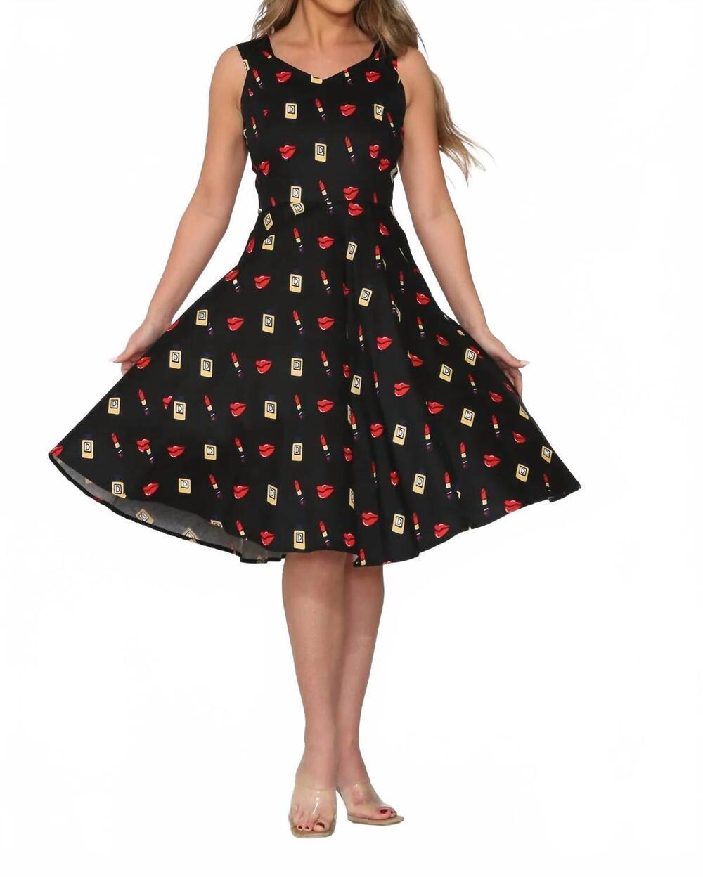 NEW ORCHID BLOOM midi swing dress in black red lipstick